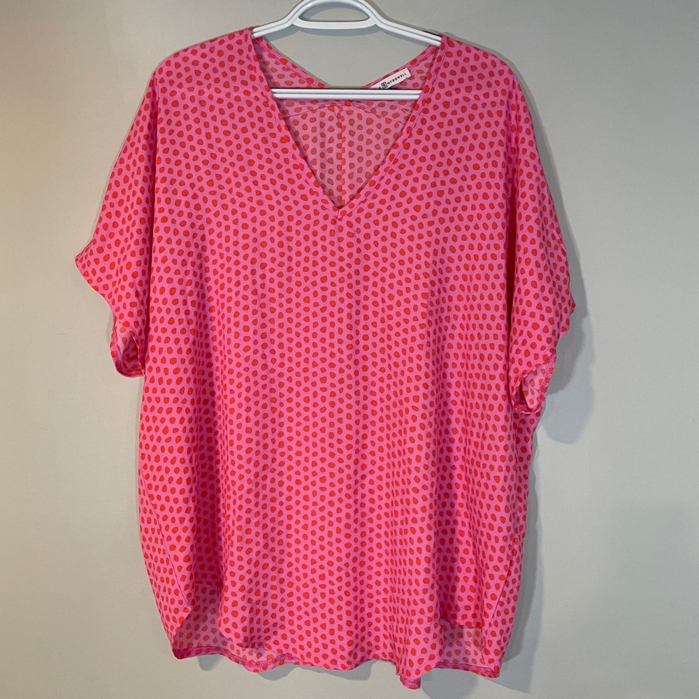 Michelle McDowell XXL Pink Red Dotβ V-Neck Dolman Blouse Top Bright Vacation